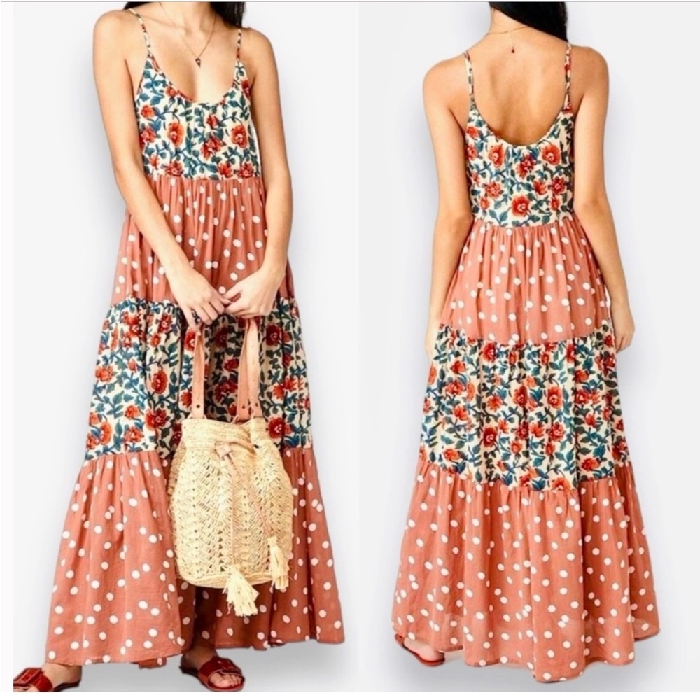 ROLLER RABBIT Rosetone Polka Dot Floral Tiered DAKOTA Maxi Dress NEW Size Small - Picture 1 of 16